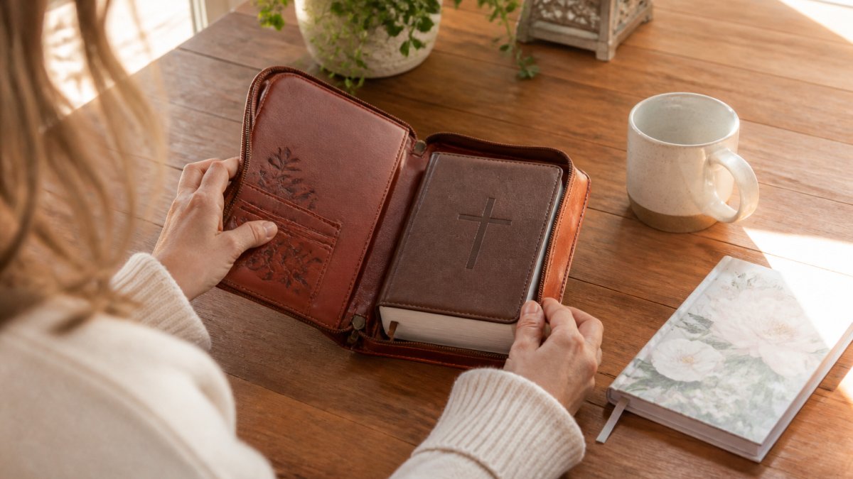 A woman's hands opening a personalized leather Bible cover on a sunlit wooden table, a small devotional book and a mug beside it