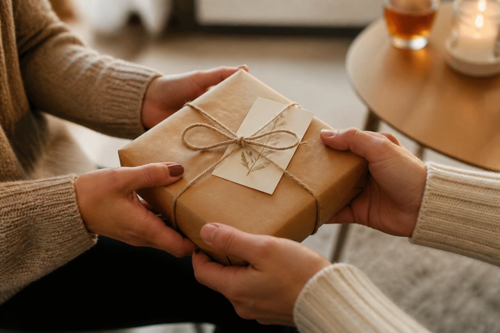 Close-up of hands exchanging a wrapped gift box with a personalized note card visible, warm lighting in a cozy indoor setting