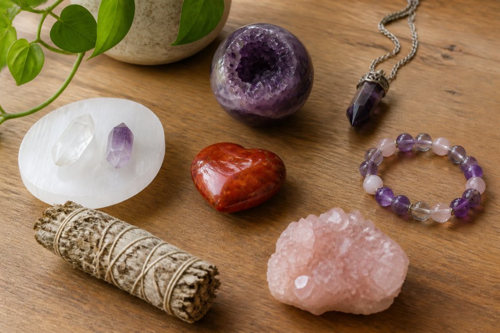 A flat lay of several curated crystal gifts on a wooden table, including an amethyst geode sphere, a polished carnelian heart, and a small selenite charging plate, styled with soft natural light