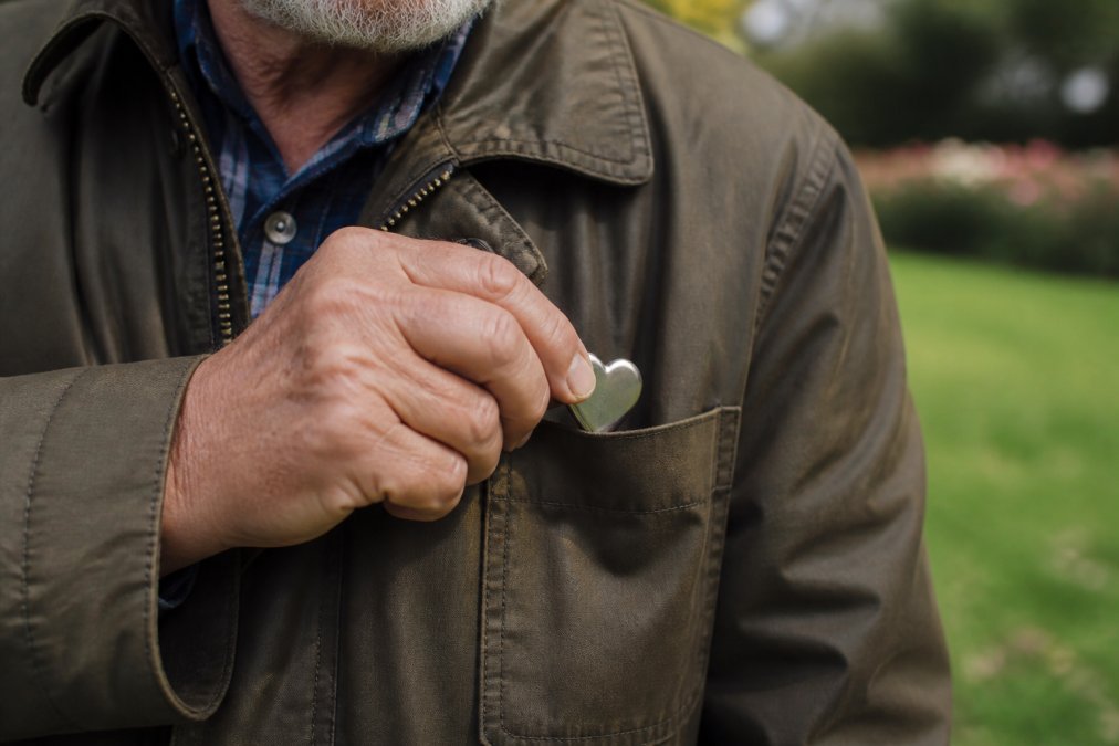 Close-up of an elderly man's weathered hand gently holding a small heart-shaped keepsake inside his coat pocket, soft garden light in the background