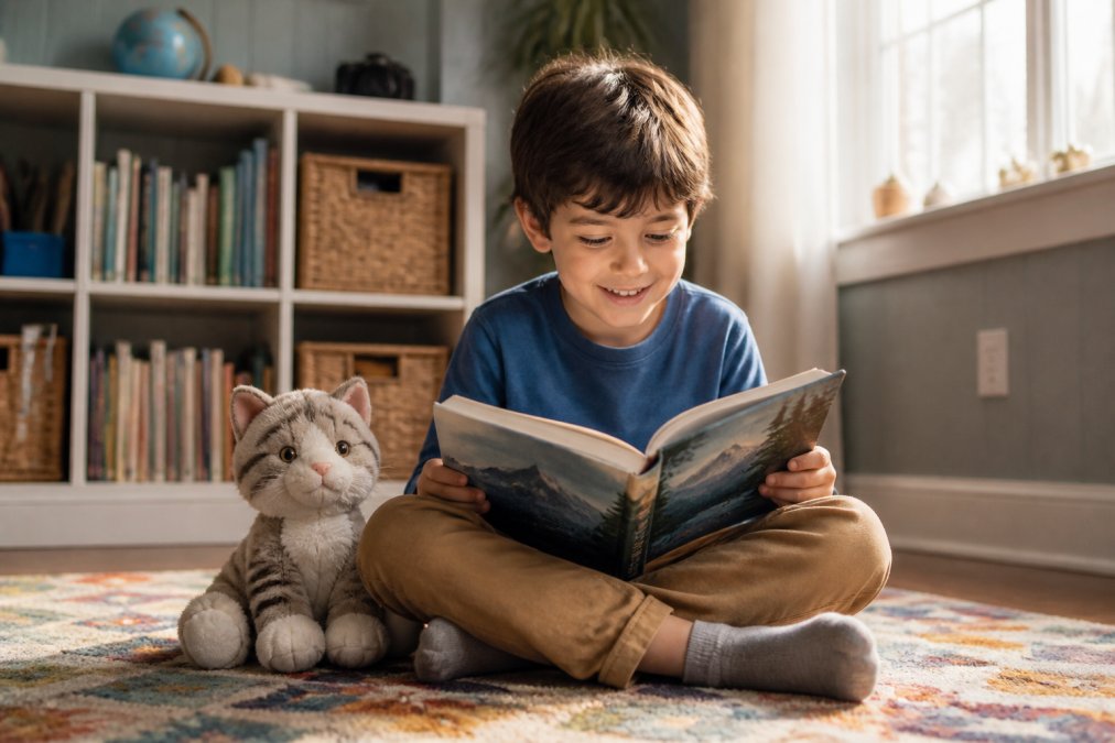 Child sitting cross-legged on a colorful rug, reading an adventure book with a plush cat toy beside them, smiling with genuine engagement and natural afternoon light streaming through a nearby window