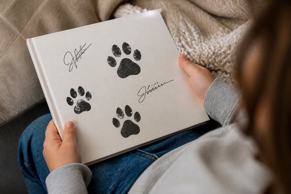 Child's hands holding a signed book with visible paw prints on the cover, showcasing the personalized keepsake element against a soft background