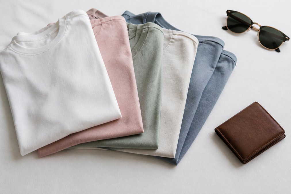 A flat lay of neatly folded organic cotton graphic tees in neutral and pastel tones, styled with a pair of sunglasses and a leather wallet on a clean white surface