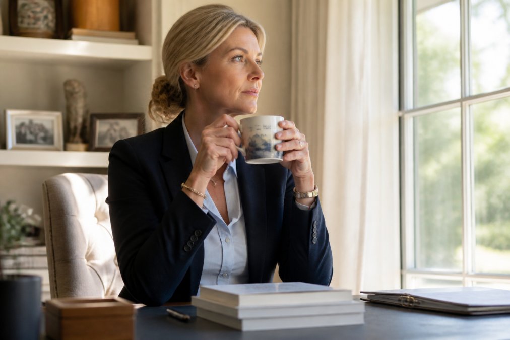 Professional woman at her desk holding a ceramic mug with watercolor artwork and inspirational text, morning sunlight streaming through window, focused expression