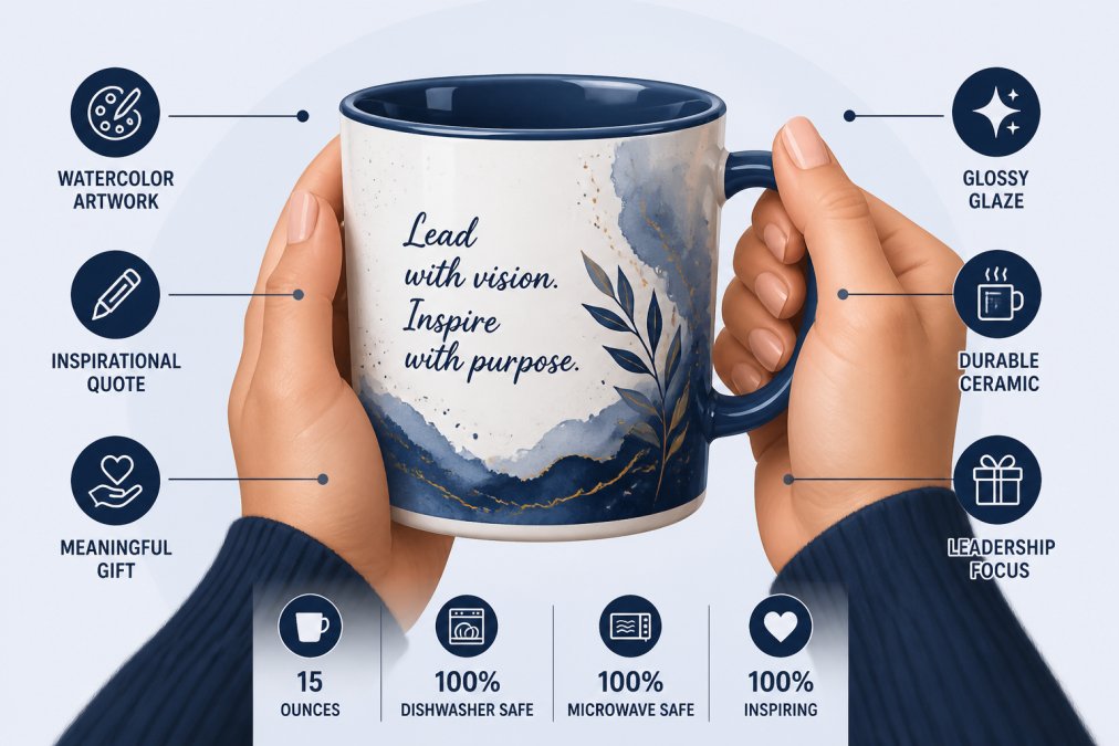 Close-up of hands holding ceramic mug with watercolor artwork and inspirational quote, showing fine details of glaze and artistry, warm indoor lighting