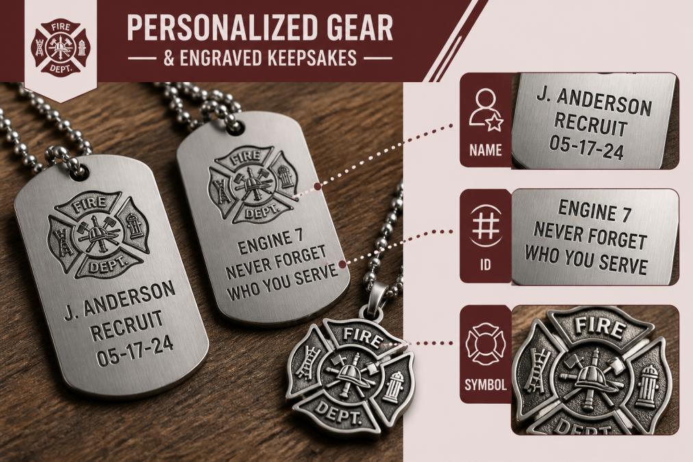 Close-up of engraved firefighter dog tags and maltese cross pendants displayed on a wooden surface, showing detail of personalization and the raised maltese cross symbol in natural light