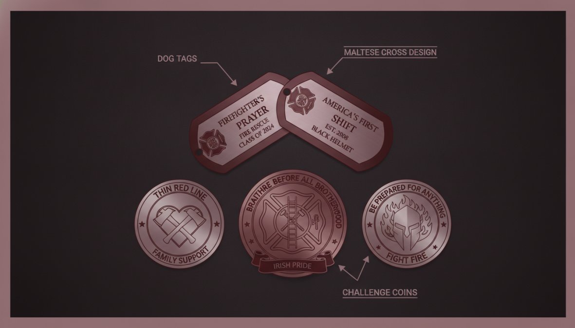 Close-up of personalized firefighter dog tags and challenge coins displayed on dark surface, showing engraved Maltese Cross designs and fine details
