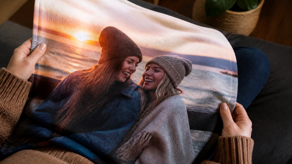 Close-up of hands holding a custom photo blanket with a printed image of two friends smiling at sunset, soft warm lighting highlighting the fabric texture and photo detail
