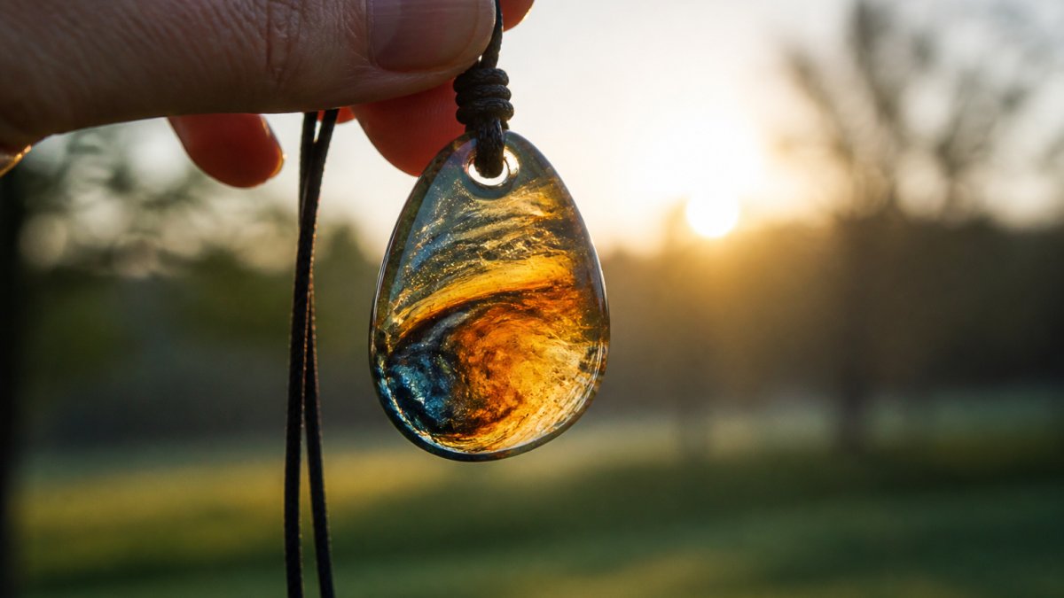 Close-up of a handcrafted glass pendant held up to natural sunlight, showing the unique swirled colors and delicate scripture etching on the back, with soft morning light creating depth in the glass