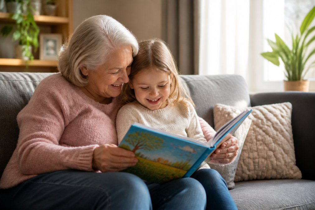 A grandmother and her young grandchild sitting together on a cozy couch, reading a colorful picture book and smiling, warm natural light filling the living room