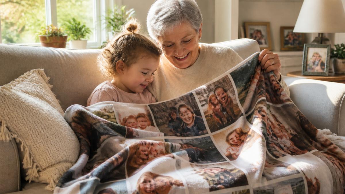 Grandmother and young grandchild sitting together on a cozy living room couch, looking at a personalized family photo blanket draped across their laps, both smiling warmly with natural afternoon sunlight streaming through a nearby window