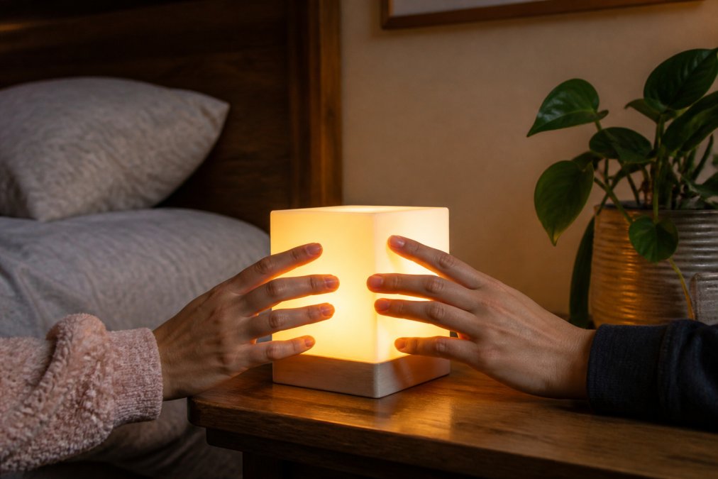 Close-up of hands touching a glowing friendship lamp with warm ambient light illuminating a cozy bedroom setting
