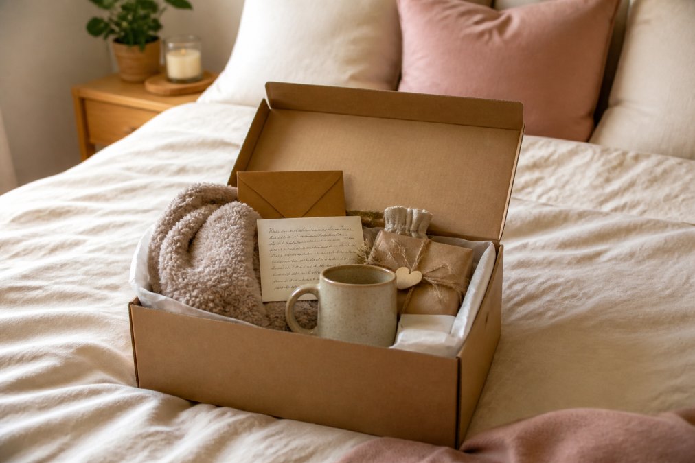 An open care package on a bed displaying a soft blanket, handwritten note, custom mug, and wrapped keepsakes with warm natural lighting