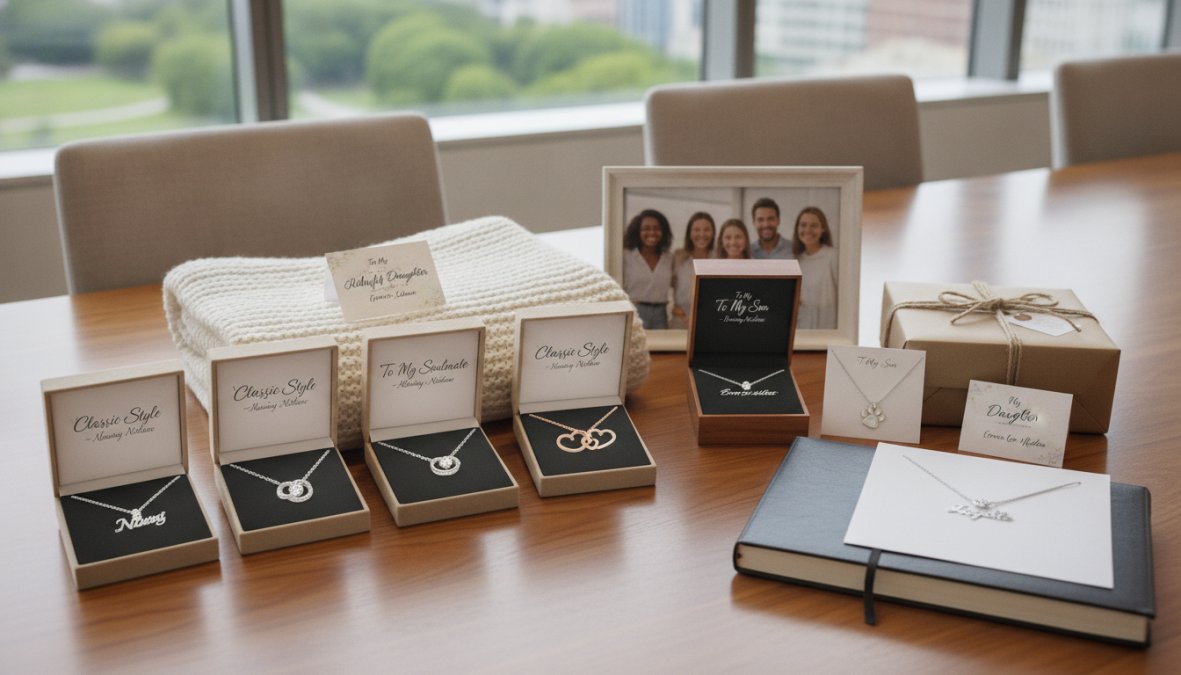 Professional woman in business attire receiving an elegant personalized watch as a gift in a modern office setting, genuine smile of appreciation