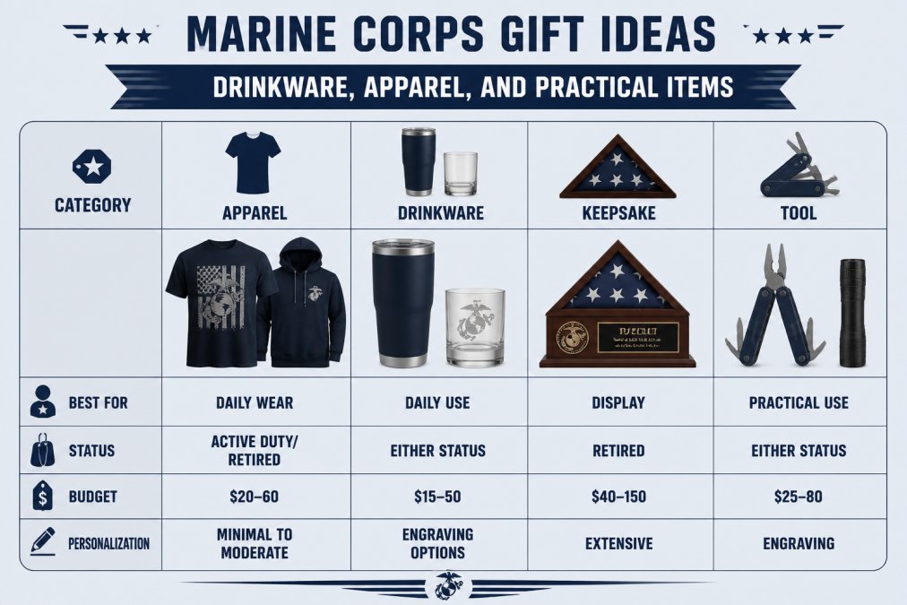 Comparison matrix of meaningful gifts for marine veterans by category, budget, and personalization options.