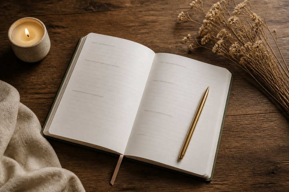 A flat-lay of an open guided journal, a pen, a small candle, and dried flowers arranged on a wooden desk in warm natural light, evoking calm and intentional living