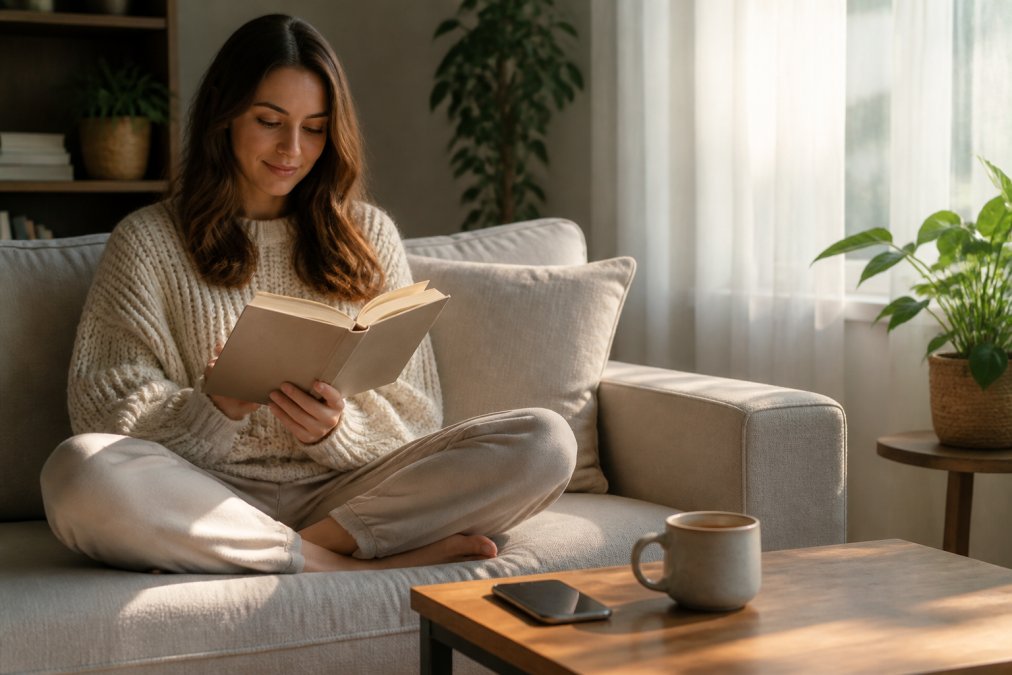 A person sitting cross-legged on a couch reading a physical book, a cup of tea on the side table, phone face-down nearby, soft afternoon light filtering through sheer curtains