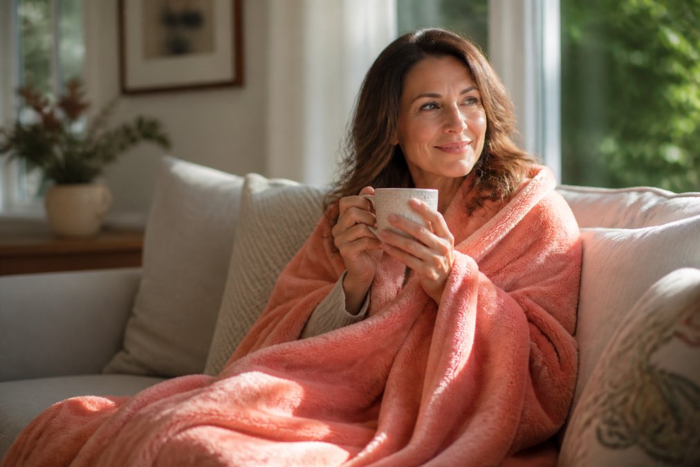 A woman smiling softly while wrapped in a plush coral fleece blanket on a couch, holding a warm mug of tea in a cozy, sunlit living room