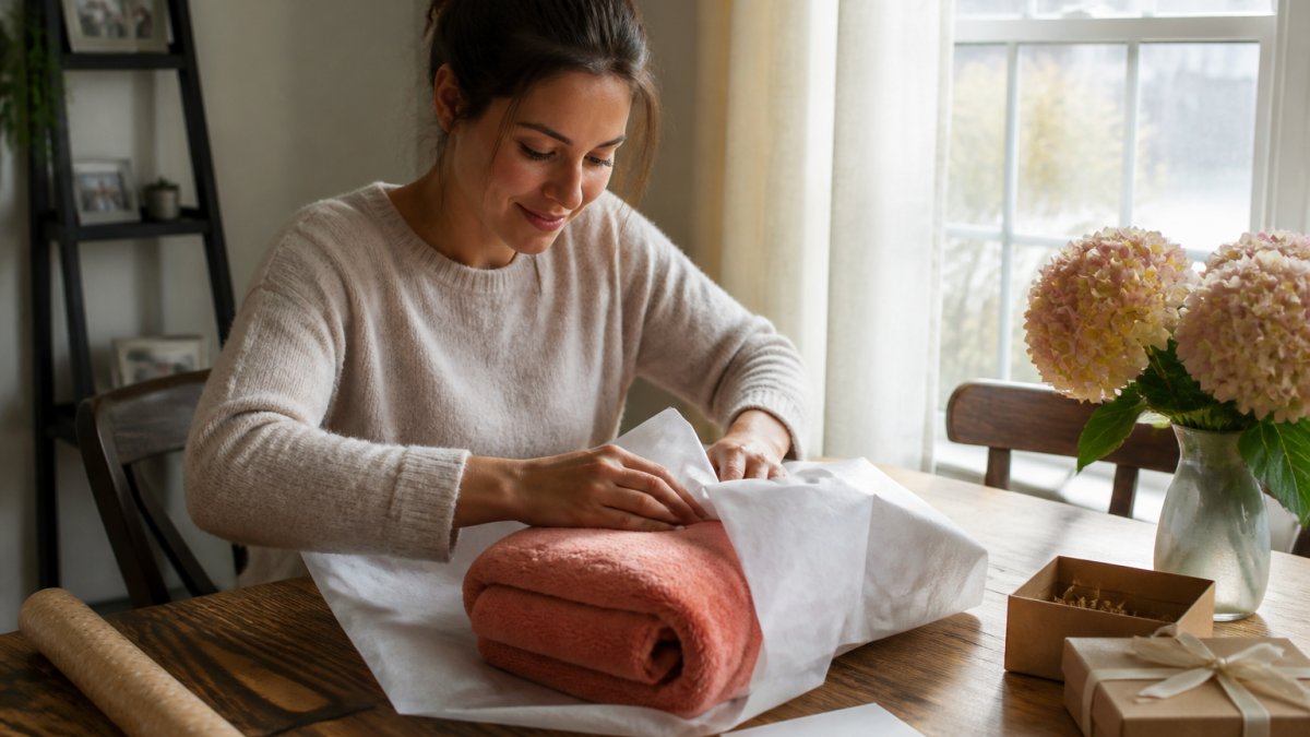 An adult daughter wrapping a soft coral fleece blanket in tissue paper at a dining table, with a handwritten note and a small gift box nearby, warm afternoon light through a window