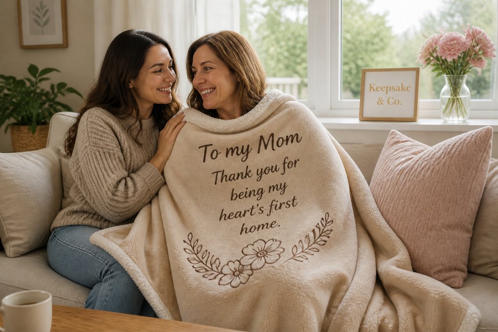 A daughter and mother sitting together on a couch, the mother wrapped in a personalized fleece blanket with a heartfelt message visible on the front, both smiling warmly at each other in soft natural light streaming through nearby windows