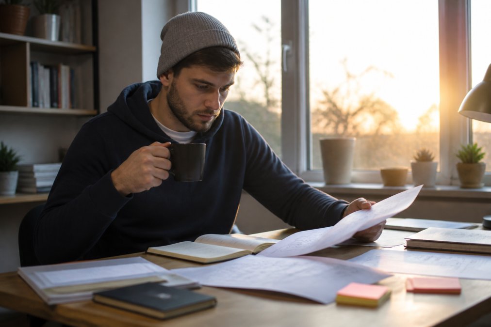 Young entrepreneur in home office at sunrise wearing Start4rmStart hoodie and beanie, coffee in hand, reviewing business plans with focused determination and natural morning light streaming through window