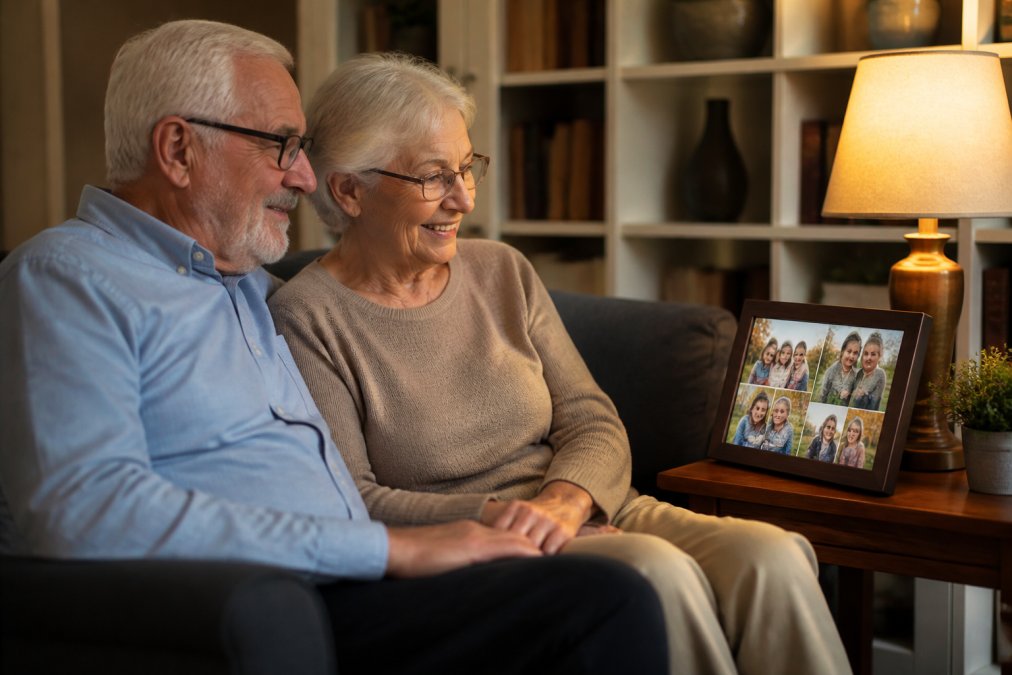An older couple sitting together on a couch, smiling warmly while looking at a digital photo frame on a side table displaying a family photo collage, warm lamp light in a cozy living room with bookshelves in the background