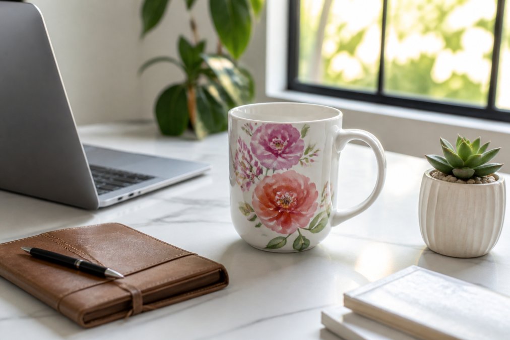 A white ceramic mug with a watercolor floral design and an inspiring quote sits on a clean, modern office desk next to a laptop, a leather notebook, and a small succulent, with soft natural light streaming in from a nearby window