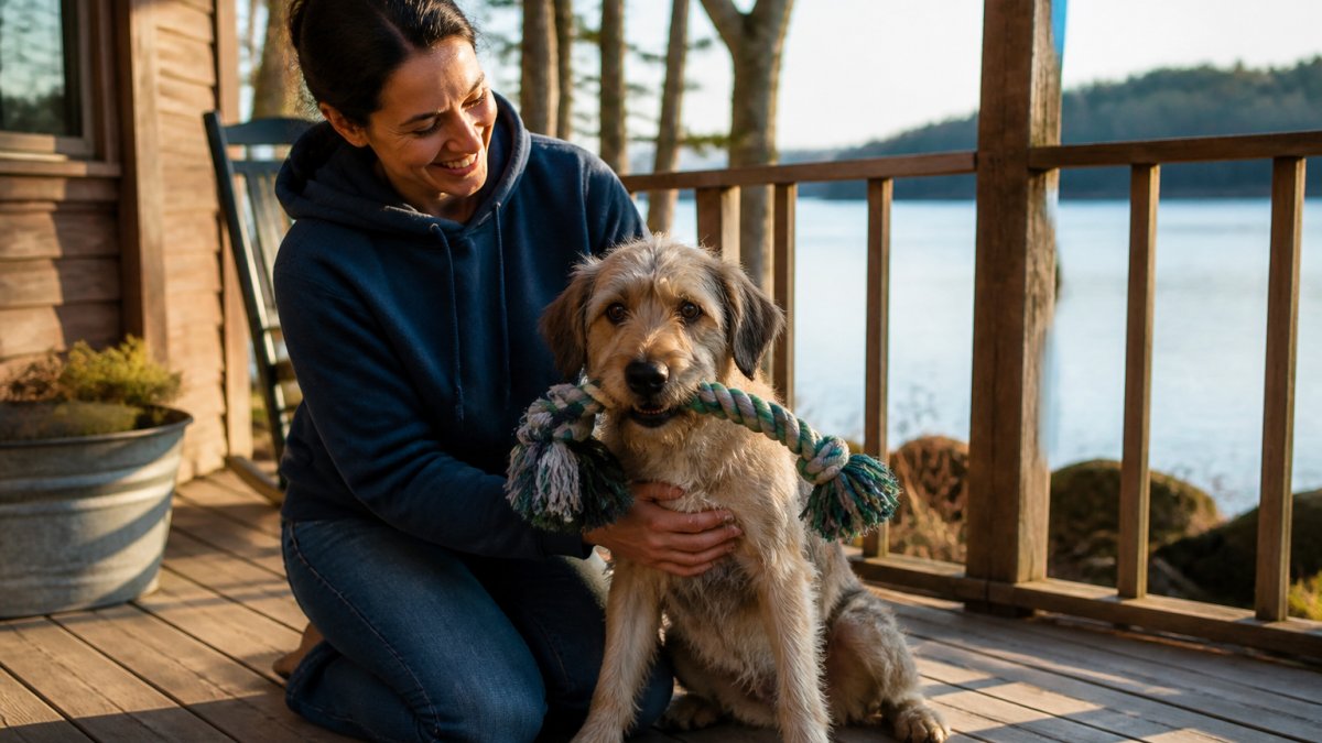 Smiling woman in a cozy hoodie playing with her scruffy rescue dog on a wooden porch by a lake at sunset