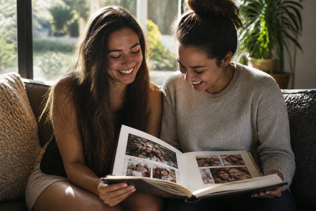 Two women sitting together on a couch, laughing warmly as they flip through a custom photo book filled with printed family photographs and handwritten captions, soft afternoon light coming through a window behind them