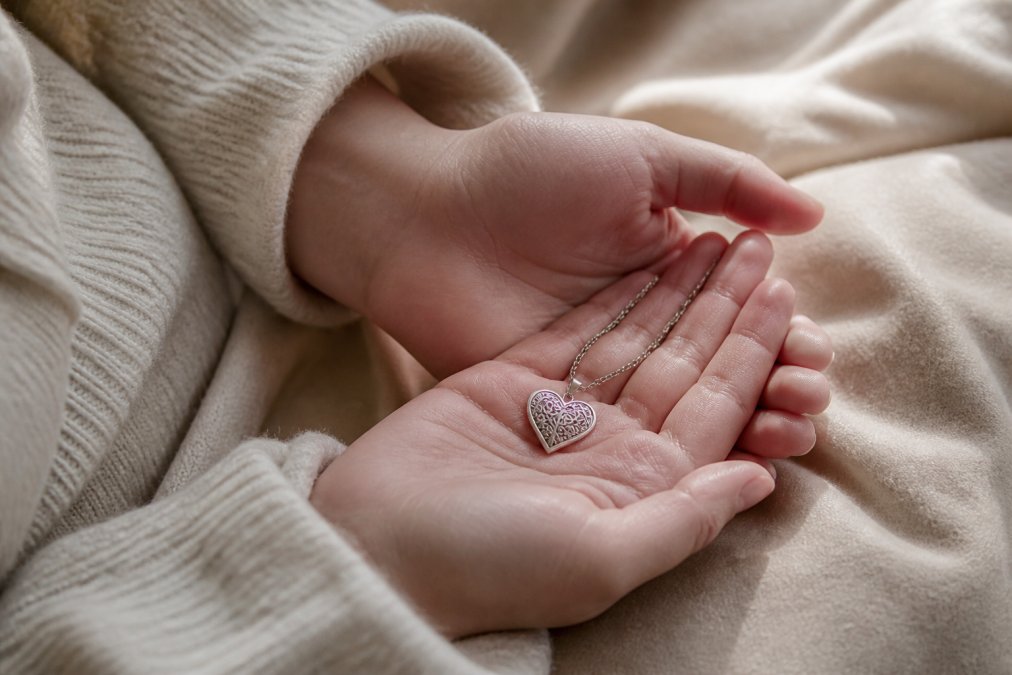 Hands gently holding a personalized memorial necklace, one of the meaningful gifts for someone grieving.