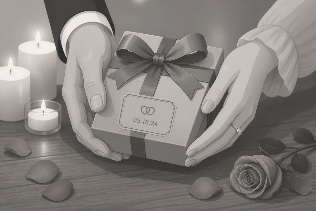 Close-up of a couple's hands holding a beautifully wrapped gift box tied with ribbon, surrounded by soft candlelight on a wooden table with a few rose petals scattered nearby