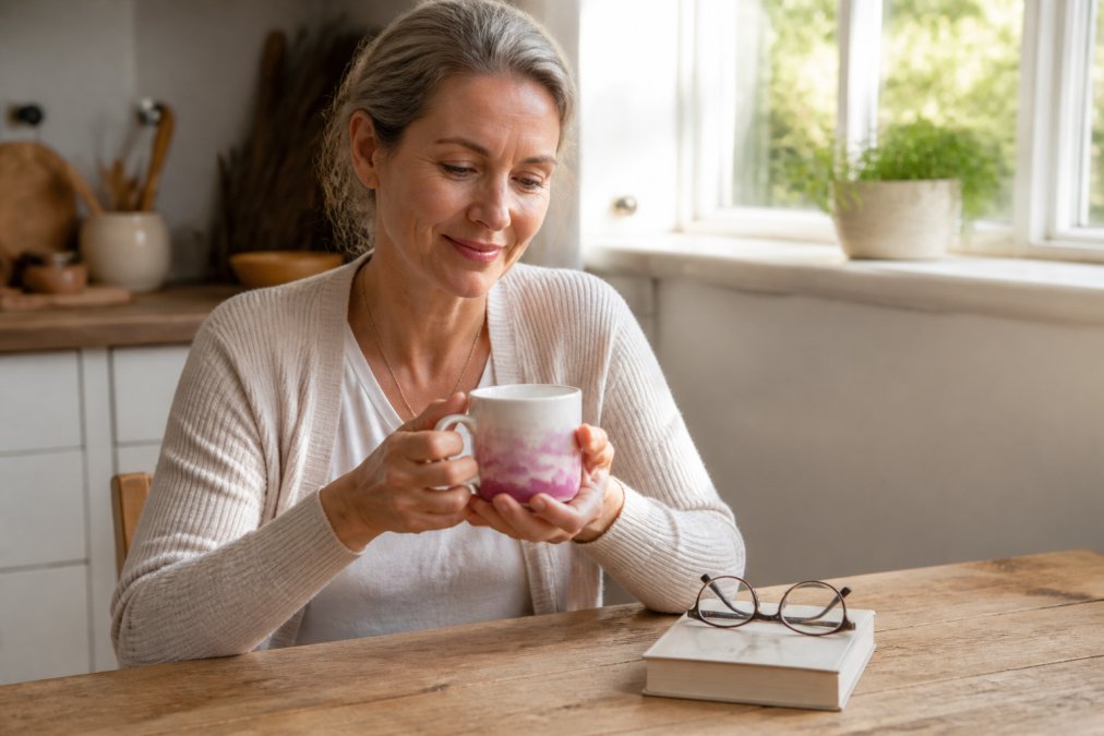 Woman in her fifties smiling while reading a quote on a ceramic mug at a sunlit kitchen table with a book nearby.