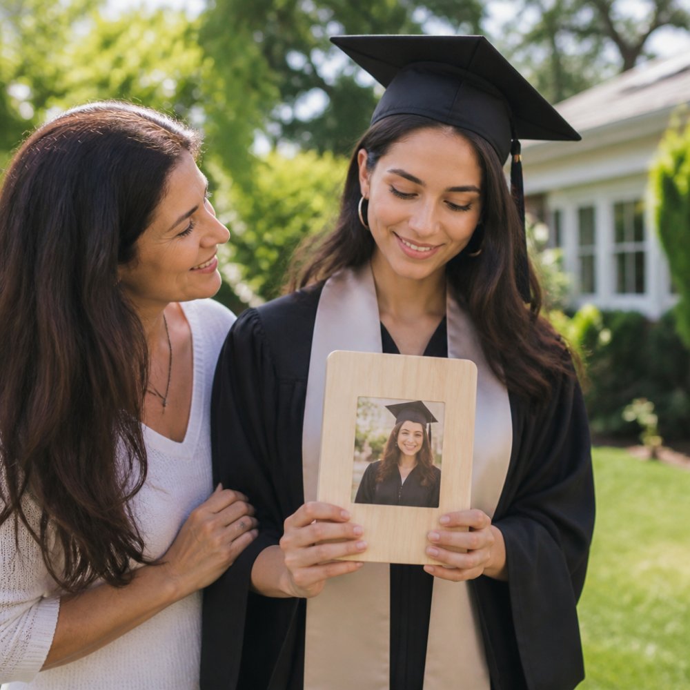 A young woman in a graduation gown holding a personalized wooden plaque with a photo, smiling softly in a sunlit garden at home