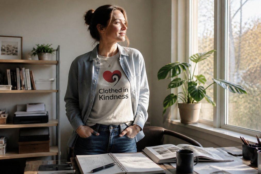 Person in a relaxed graphic tee layered under an open button-down shirt in a sunlit home office space