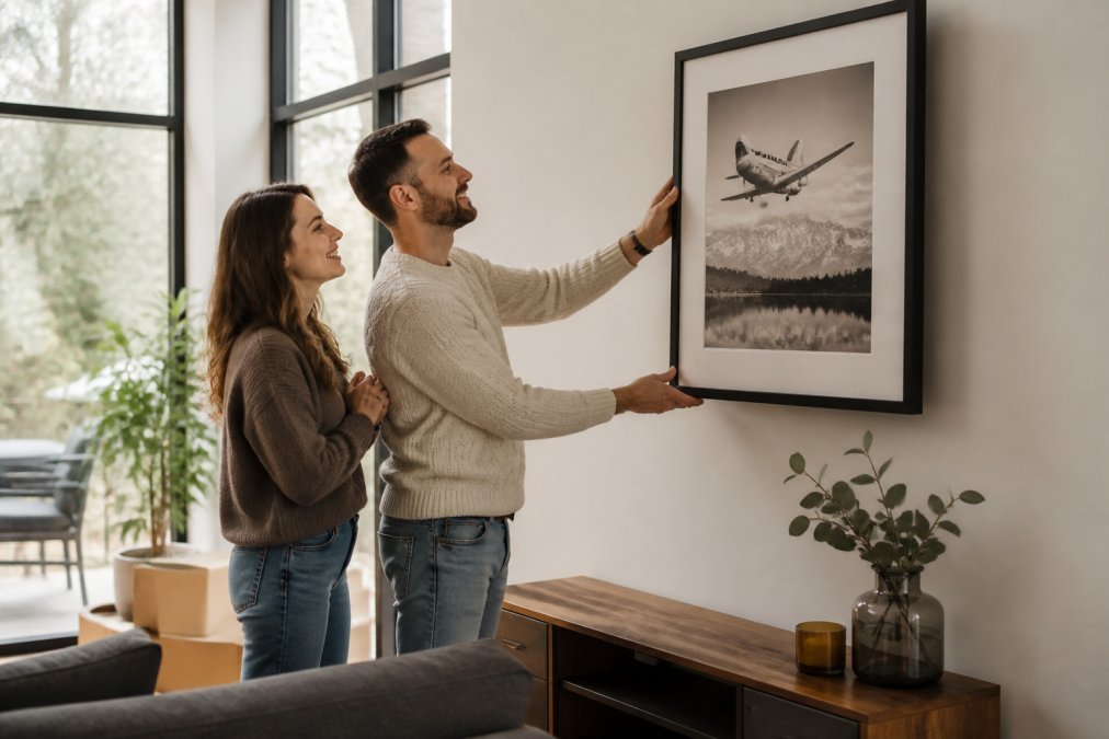 Couple hanging personalized wall art in their new living room, smiling as they admire the piece together, warm natural light streaming through large windows