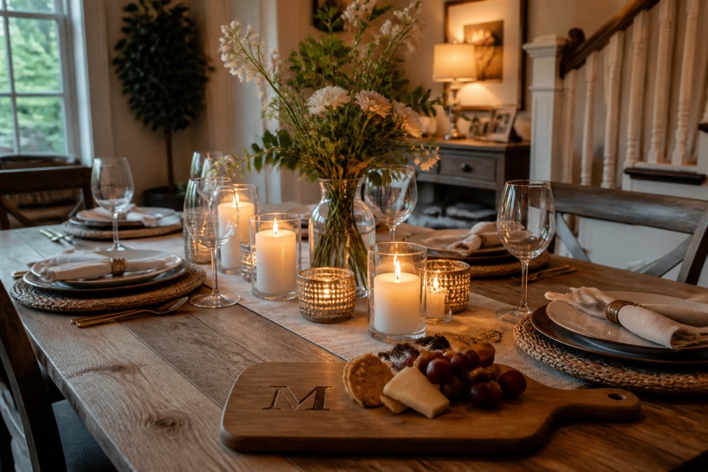 Beautifully set dinner table with personalized serving pieces, fresh flowers, and warm candlelight in a new home's dining room