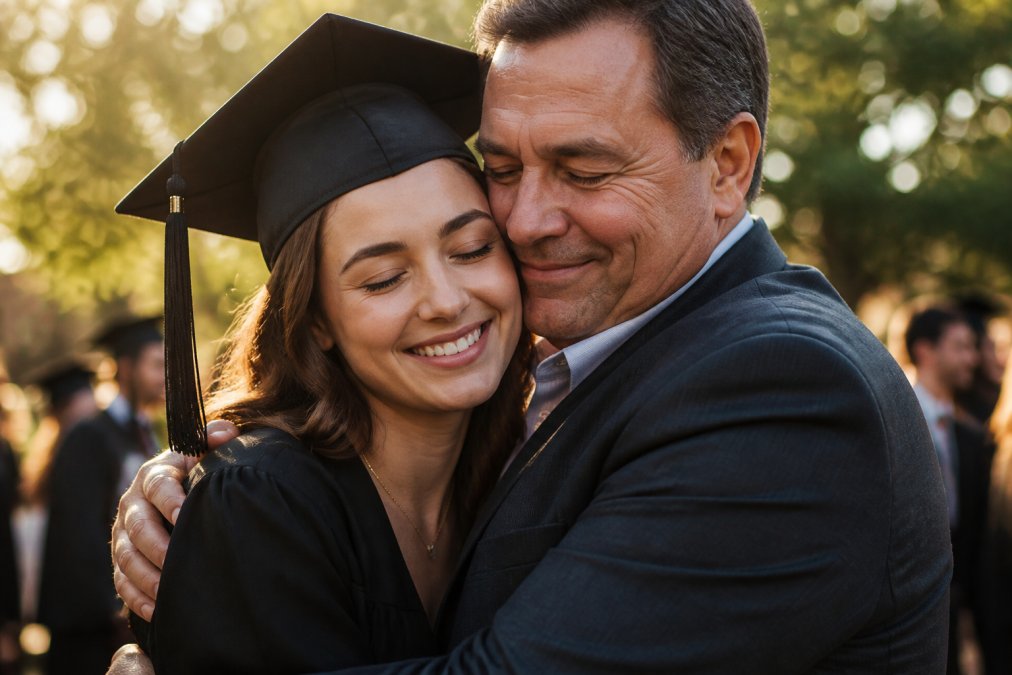 Father and daughter sharing an emotional graduation hug while she wears a delicate gold necklace outdoors