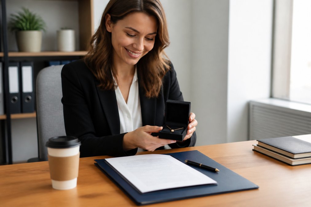 A woman in business attire holding a small open jewelry box containing a delicate gold necklace, seated at a bright desk with a promotion letter and coffee cup nearby