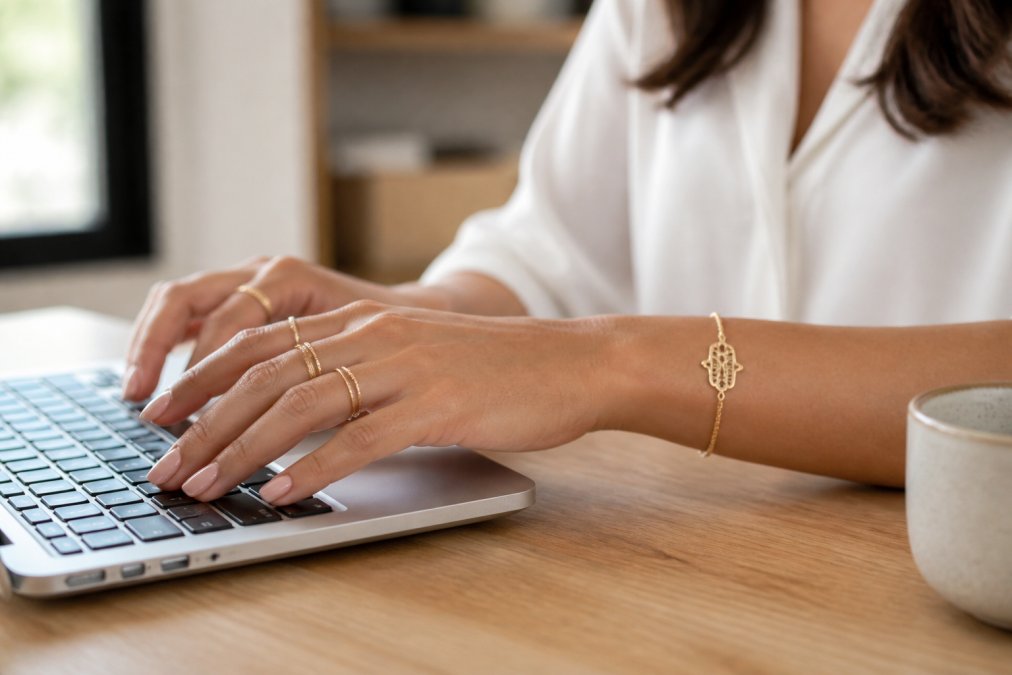 Close-up of a woman's wrist and hand wearing a delicate gold-plated hamsa bracelet and a stack of thin rings while she types at a desk, soft natural window light
