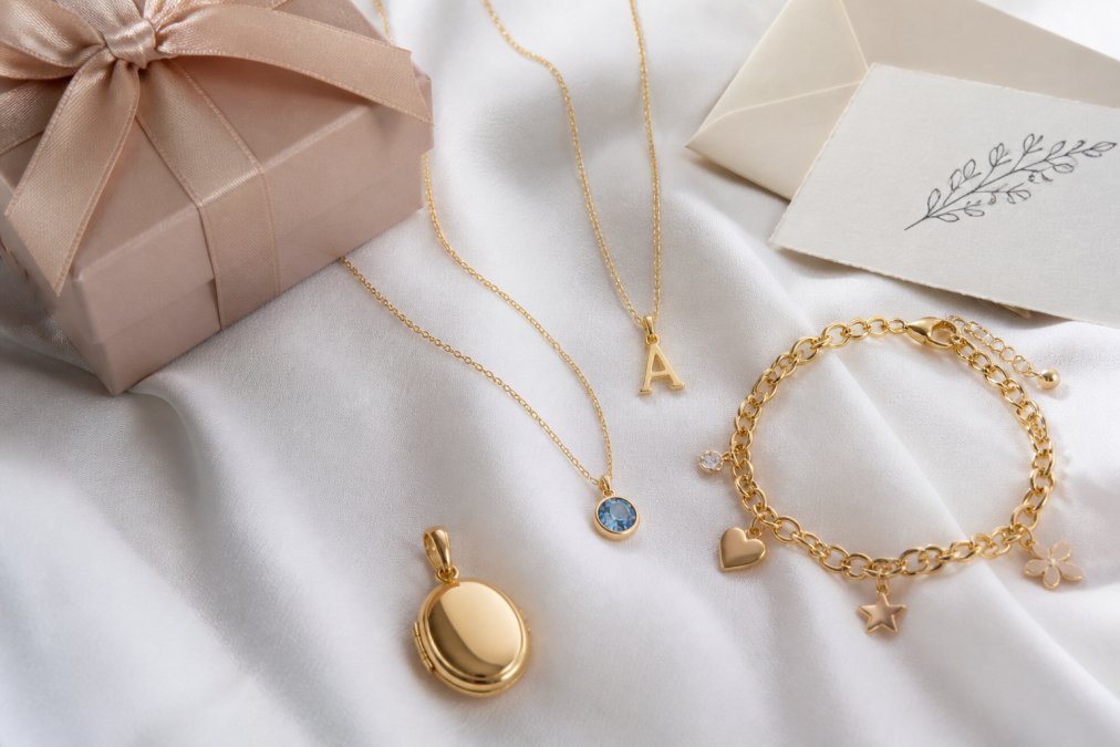 Flat lay of delicate gold initial necklace, birthstone pendant, small charm bracelet, and a dainty locket arranged on soft white linen fabric with a kraft gift box and a folded handwritten note card, warm natural window light casting soft shadows
