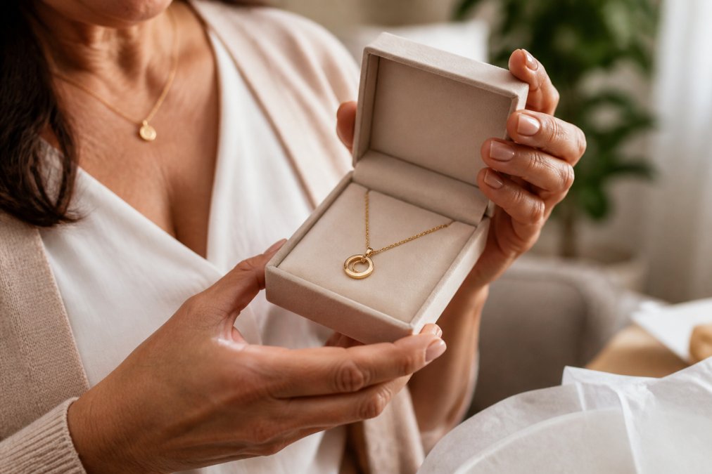 Woman’s hands holding an open jewelry box featuring a delicate gold pendant necklace in soft natural light