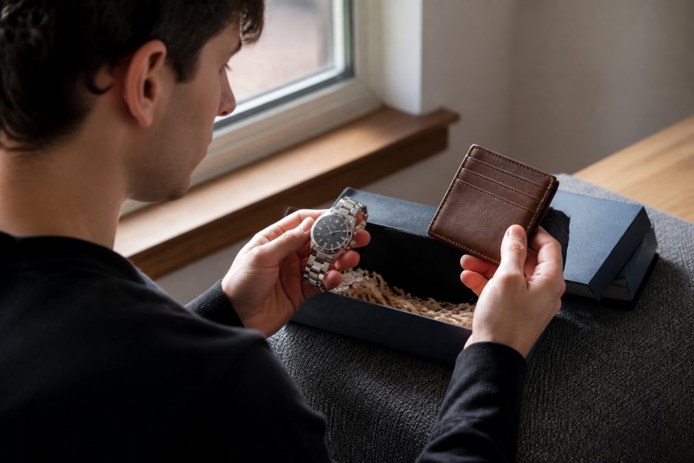 Young man's hands carefully holding an engraved silver watch and personalized leather wallet, examining the detailed craftsmanship in soft natural window lighting