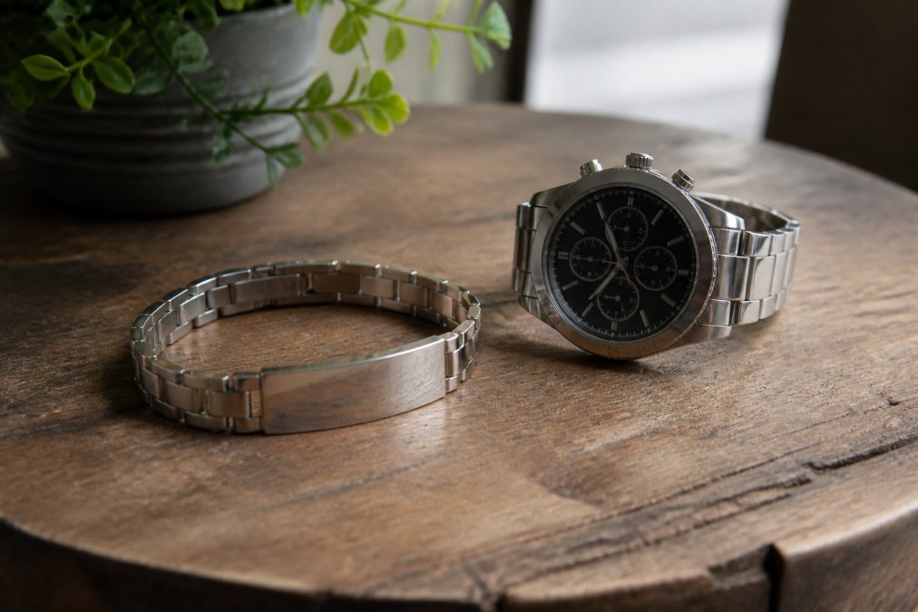 A polished stainless steel bracelet and water-resistant chronograph watch arranged on a natural wood surface, catching soft daylight to highlight their scratch-resistant finish and metallic shine
