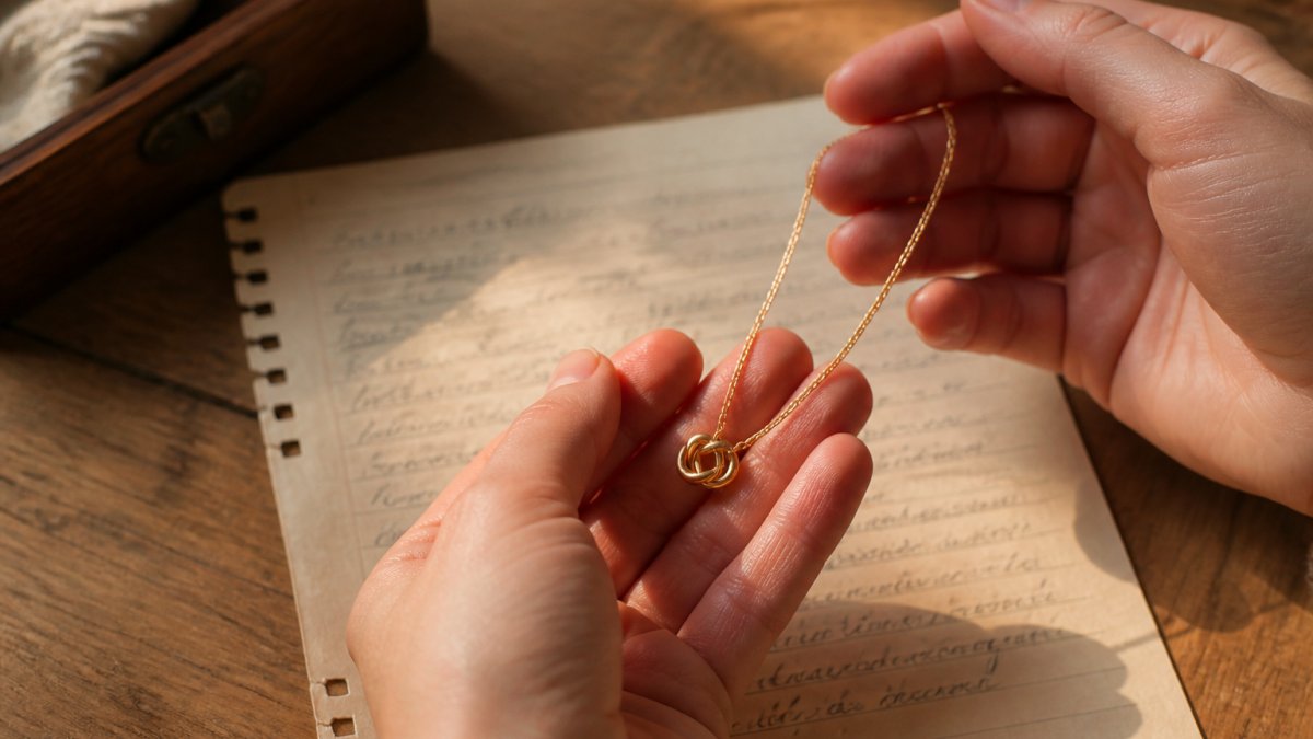 Close-up of hands holding a delicate gold knot pendant necklace over a handwritten love letter, warm natural light on a wooden table