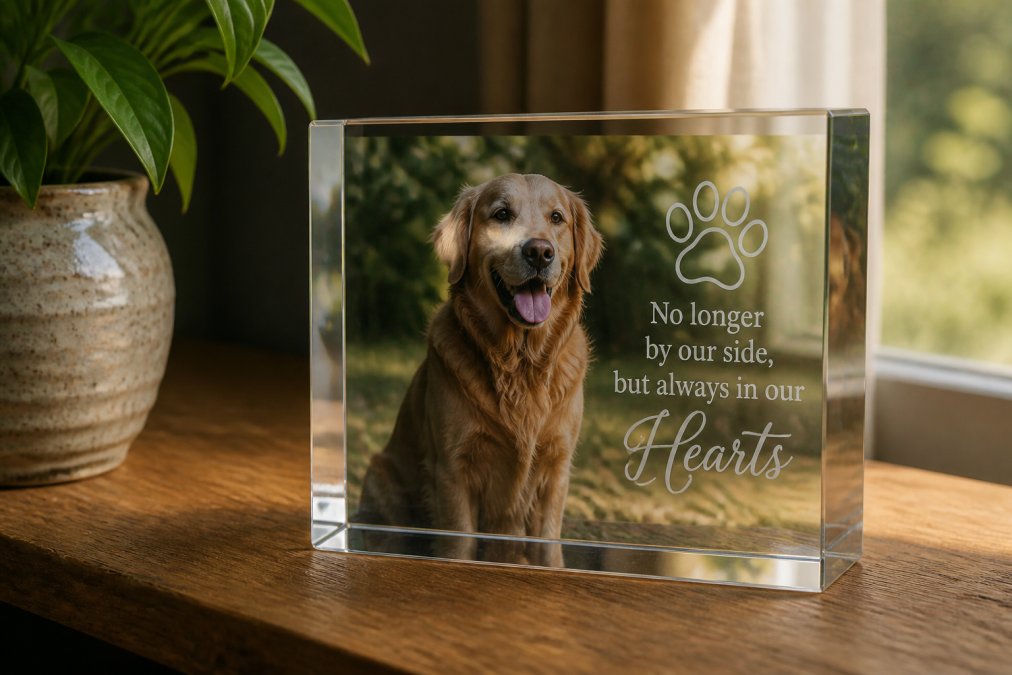 Clear acrylic memorial photo block with paw print design on a wooden shelf, one of many thoughtful memorial gifts.