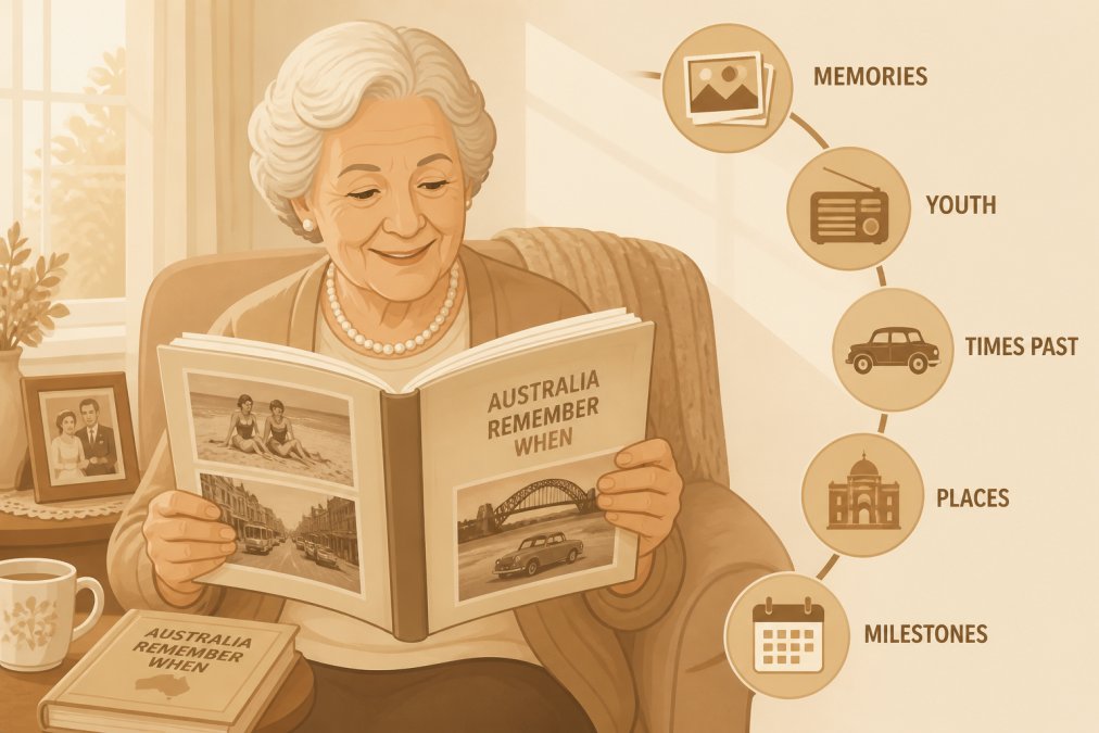 An elderly woman looking through a vintage Australian nostalgia book filled with photographs, her face showing recognition and warmth as she recalls memories from her youth, sitting in natural afternoon light