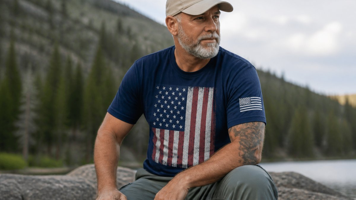 Veteran wearing well-fitted, high-quality patriotic apparel shirt in casual outdoor setting, showing durability and professional fit