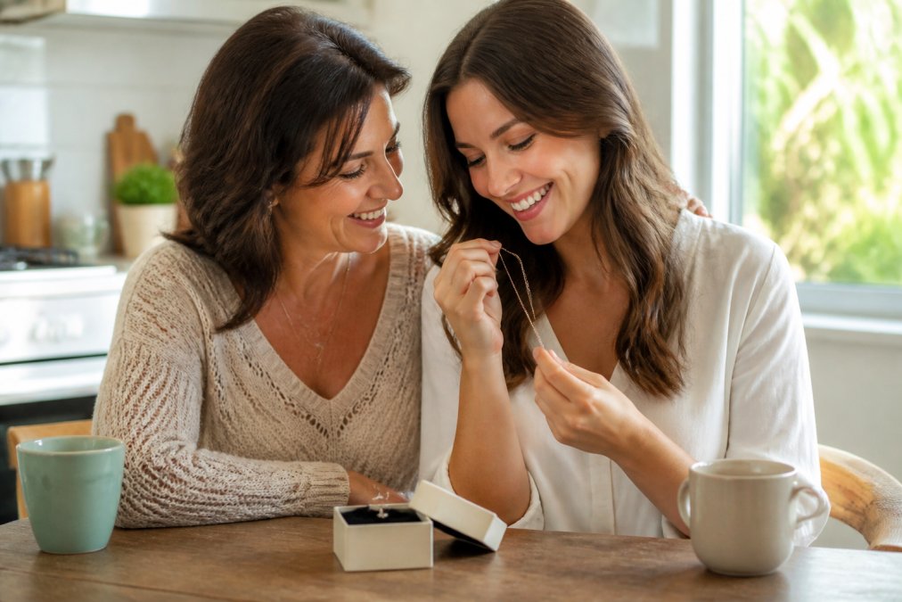 A mother and adult daughter sitting close together at a kitchen table, the daughter holding a delicate necklace pendant and smiling warmly, soft natural light through a window