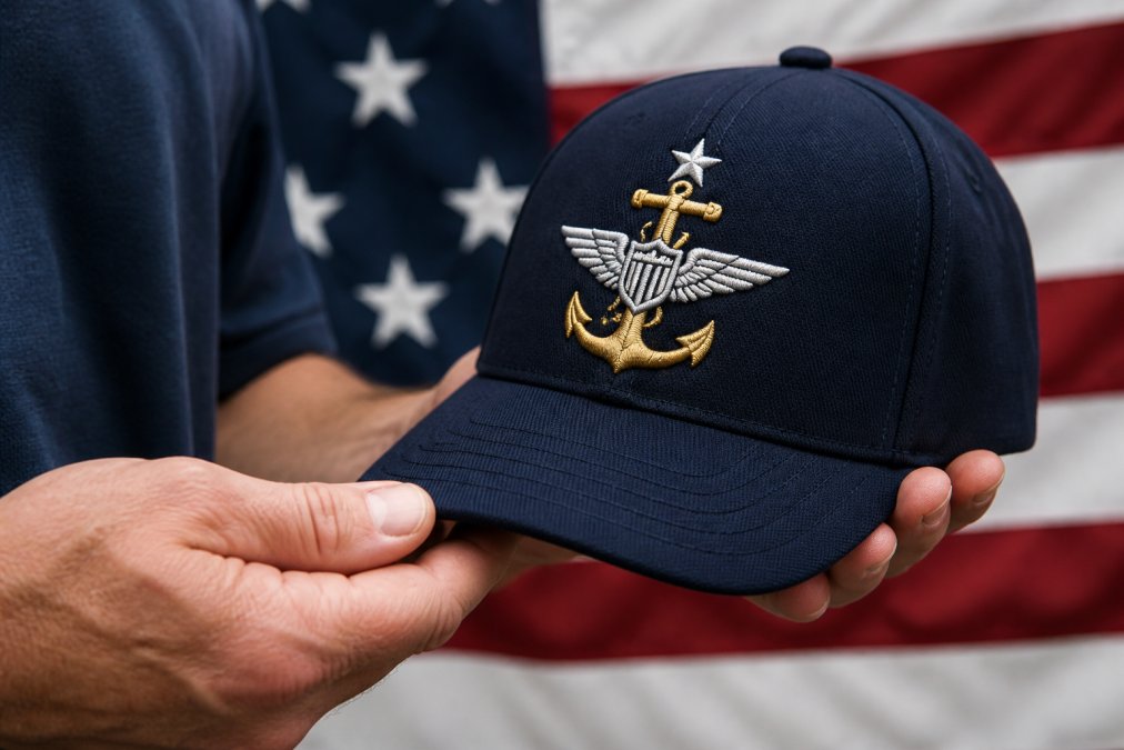 Close-up of a man's hands holding a dark navy blue embroidered military cap, showing the detailed stitching and quality fabric, with a blurred American flag in the background