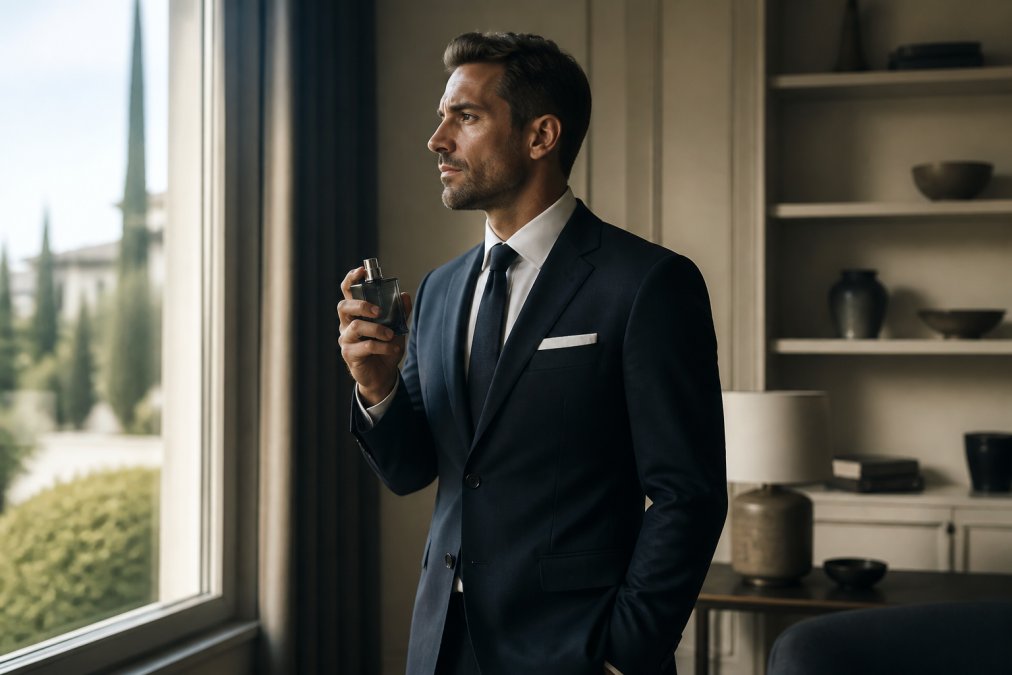 A man in a well-tailored suit standing near a window, holding a dark glass fragrance bottle, soft natural light casting a contemplative mood across the room